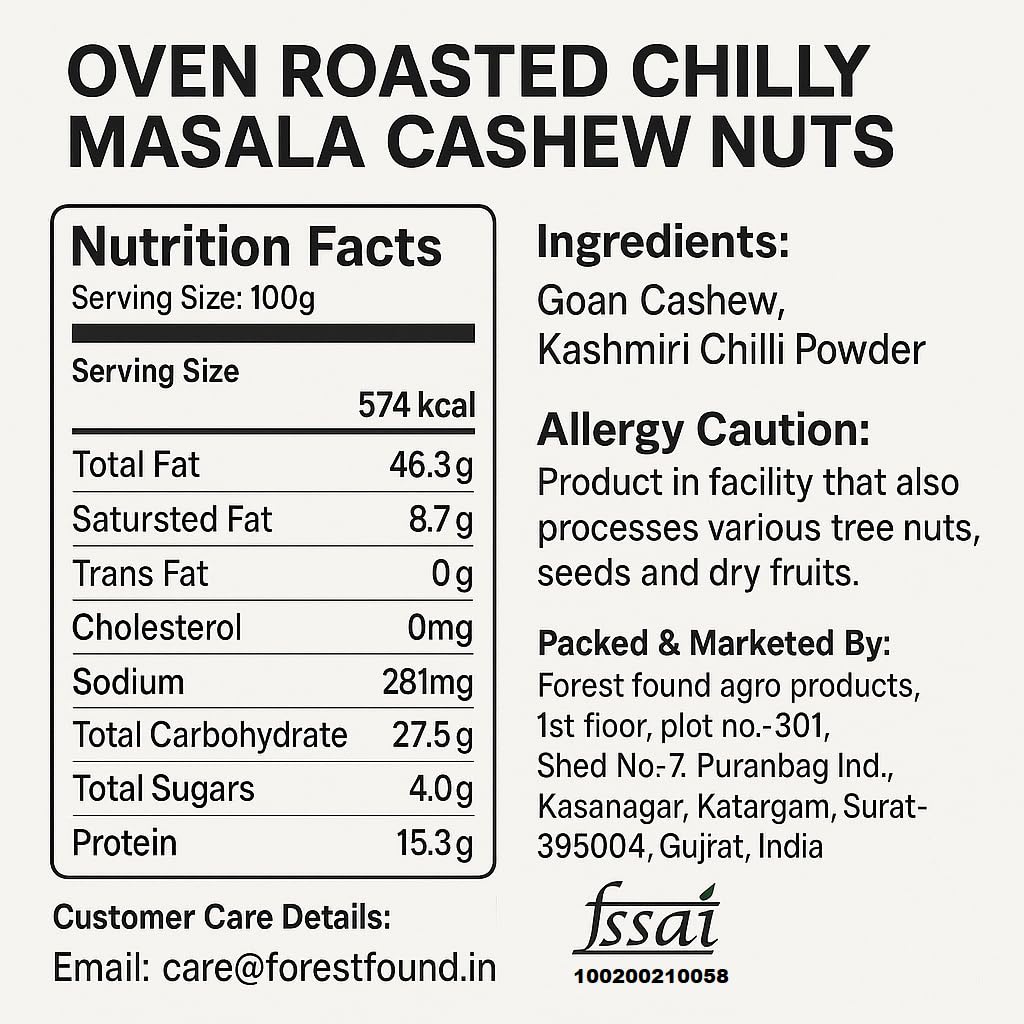 Forest Found Oven Roasted Chilly Masala Cashews (400g) – 100% Oil-Free & Non-Fried Kaju | Low Sodium Healthy Snack | Premium Crunchy Spicy Cashew Nuts