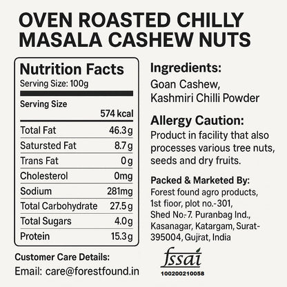 Forest Found Oven Roasted Chilly Masala Cashews (400g) – 100% Oil-Free & Non-Fried Kaju | Low Sodium Healthy Snack | Premium Crunchy Spicy Cashew Nuts