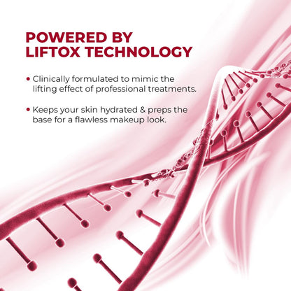 Advertisement for skincare product with DNA strands and text about LIFTOX technology.