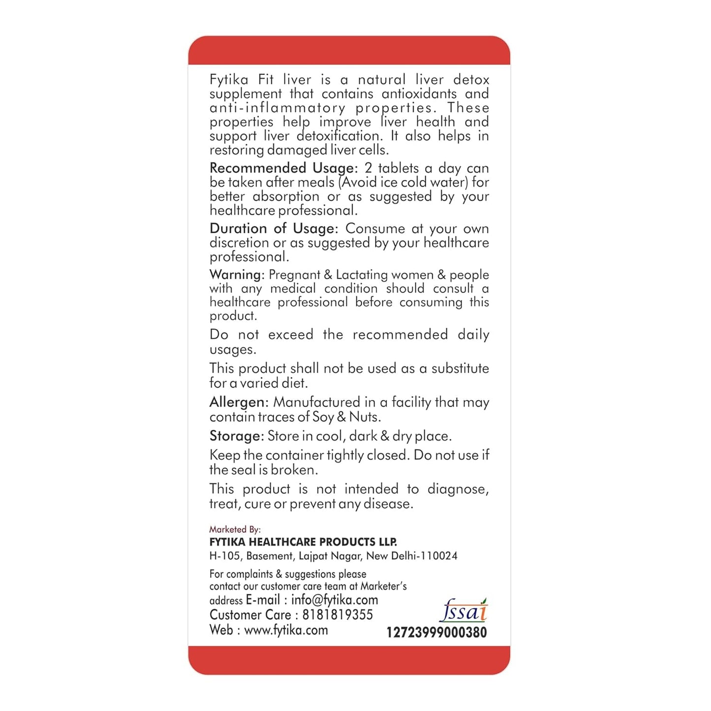 Back label of Fytika Fit liver supplement packaging with text and branding.