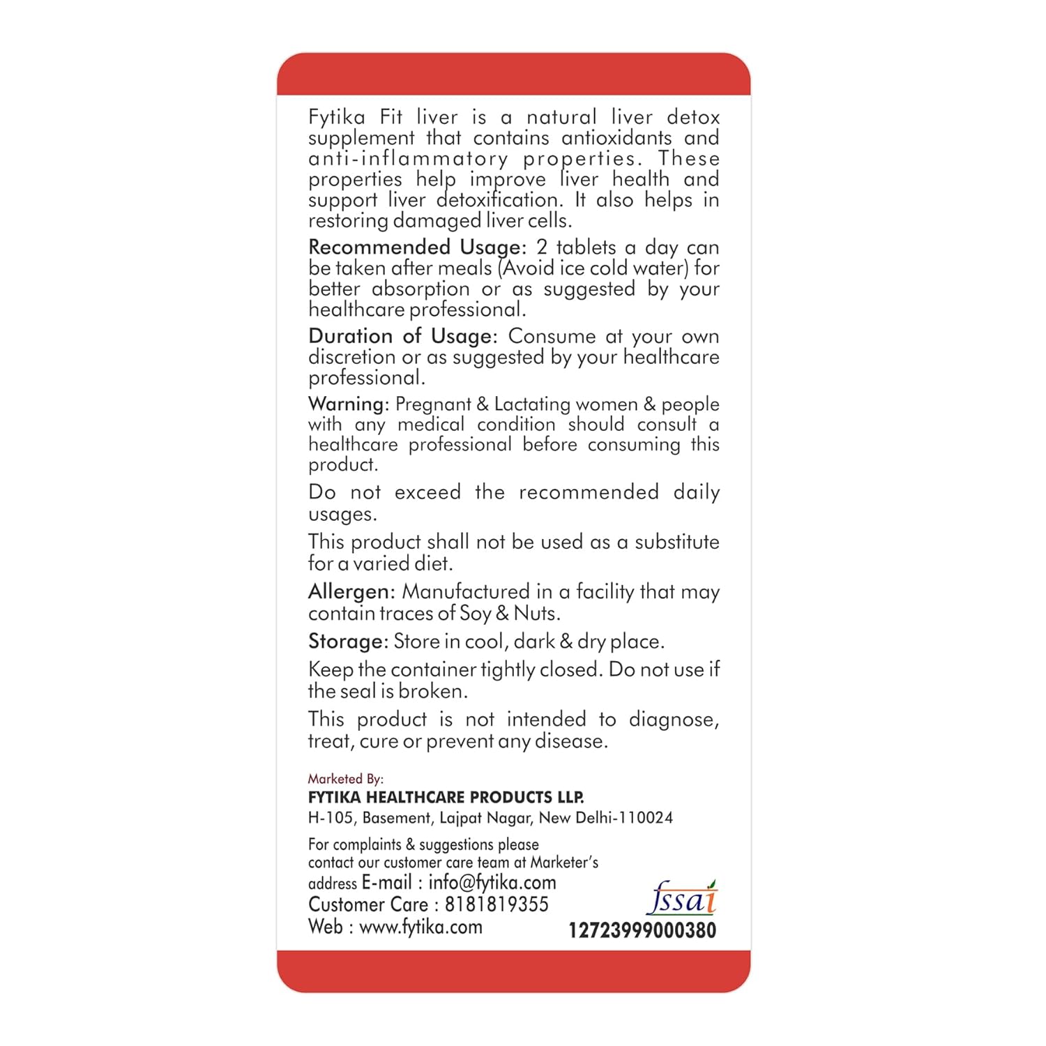 Back label of Fytika Fit liver supplement packaging with text and branding.