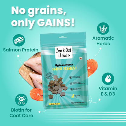 BARK OUT LOUD - Mini Fishes Dog Treats | Hypoallergenic/Grain-Free | Soft Chews with Biotin | Salmon, Peas & Aromatic Herbs | Protein-Packed Snacks for Adult Dogs (100g)
