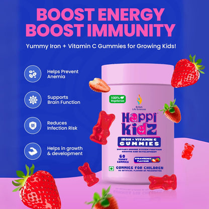Happi Kidz Iron + Vitamin C Gummies For Kids-(60 Gummy Bears) -Supports Immune system function, Helps build red blood cells & overall growth and development | Strawberry Flavour | | Lab tested for purity