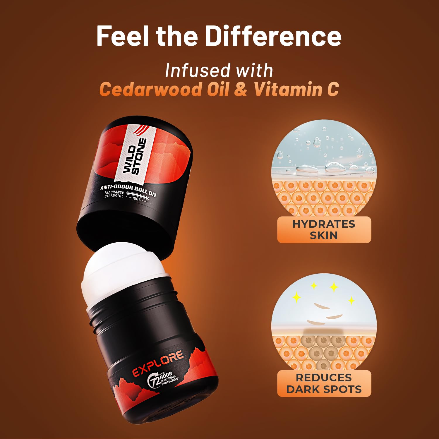 Roll-on bottle with text about cedarwood oil and vitamin C on a brown background