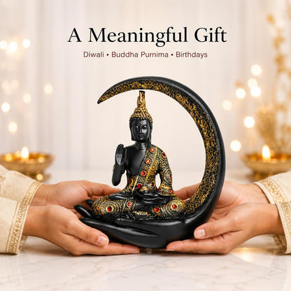 10 Inch 3D Meditating Buddha Statue with Crescent Moon | Black Resin Buddha Idol for Home Decor, Living Room, Office Desk & Gift | Lucky Spiritual Decorative Showpiece