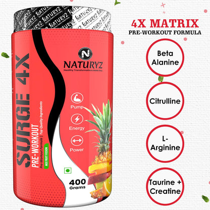 Naturyz Surge 4X pre-workout supplement container with ingredients listed on a white background