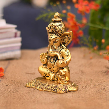 Metal Lord Ganesh Idol, 6.5 x 5 x 2.5 Inches, Golden (Model Number: GBS211)