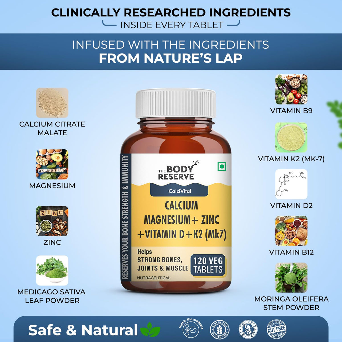 Supplement bottle labeled 'The Body Reserve' with ingredients listed on a blue background
