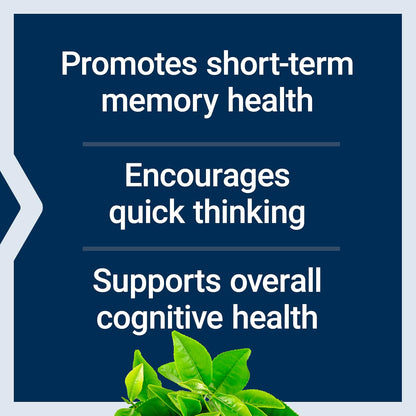 Text on a blue background about cognitive health benefits with a plant at the bottom.