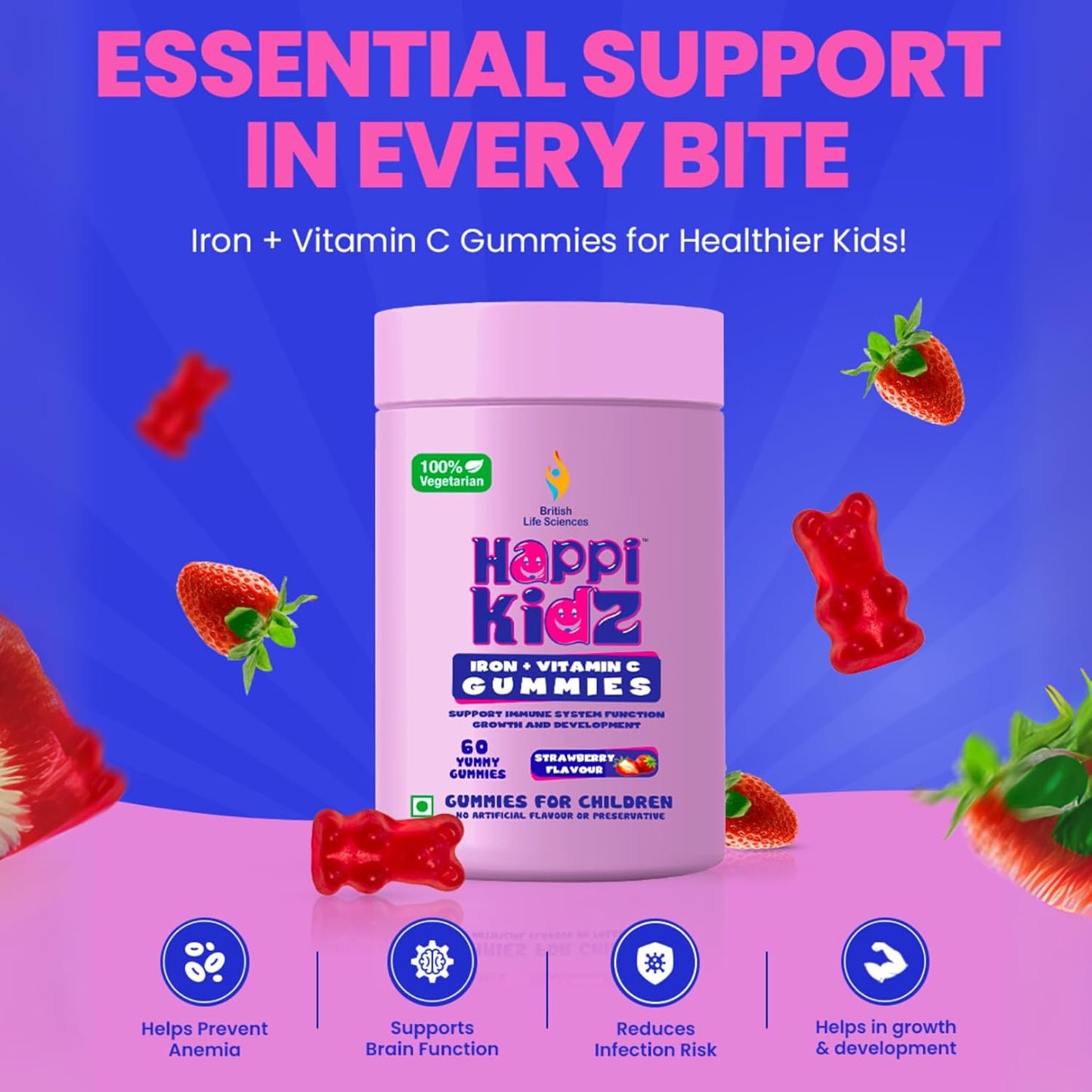 Happi Kidz Iron + Vitamin C Gummies For Kids-(60 Gummy Bears) -Supports Immune system function, Helps build red blood cells & overall growth and development | Strawberry Flavour | | Lab tested for purity