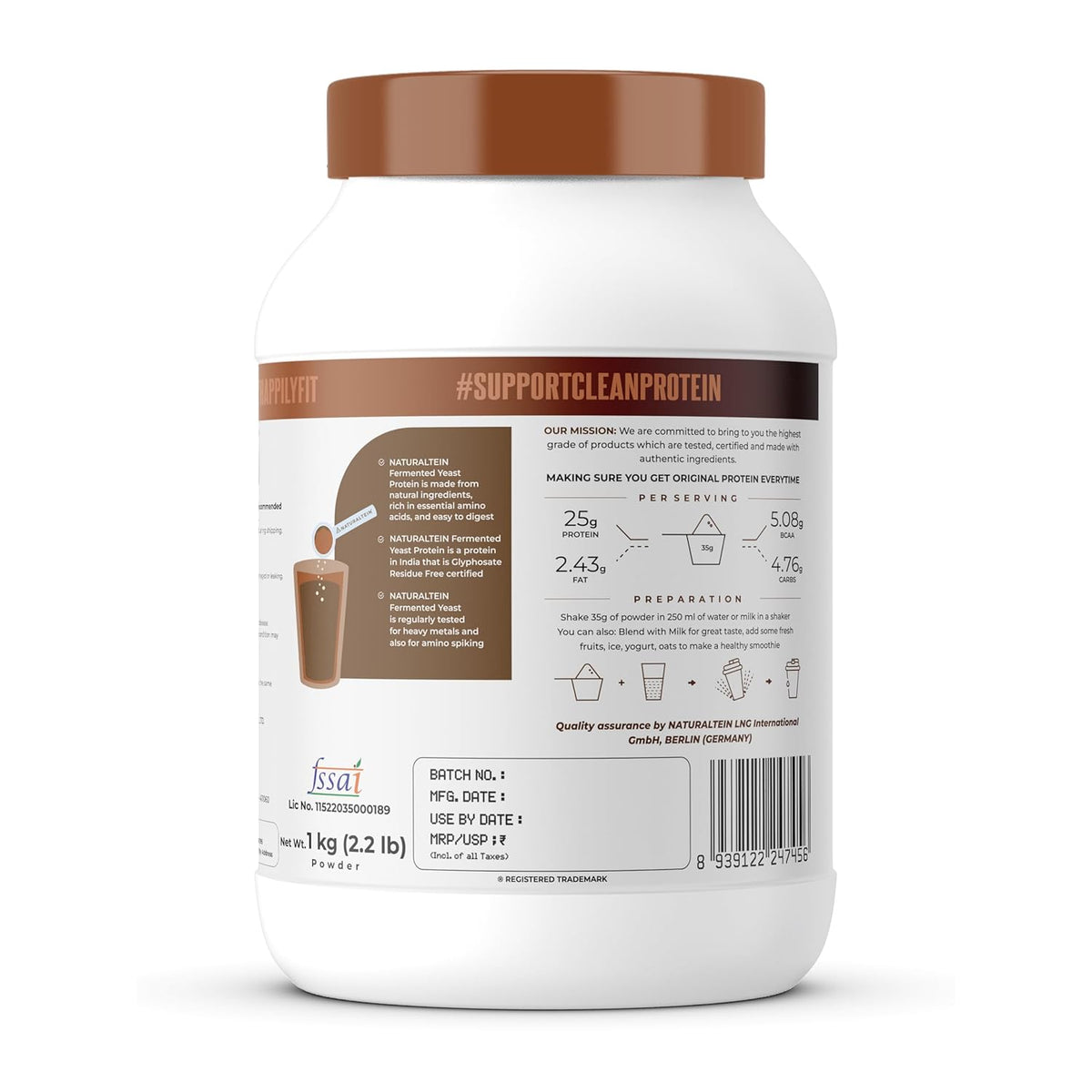 Protein powder container with label on a white background