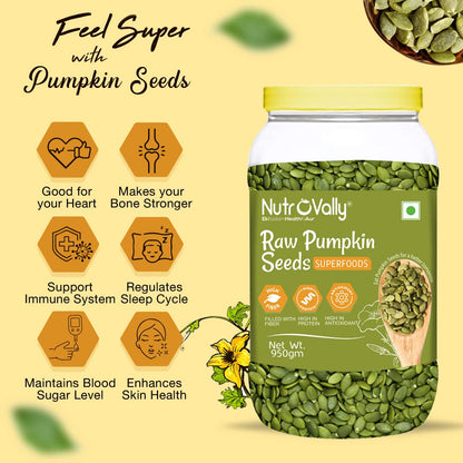 NutroVally - Pumpkin Seeds 950g Jar – Premium Roasted & Shelled Superfood Snack – High Protein, Gluten-Free & Nutrient-Rich for Healthy Snacking & Cooking