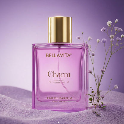 Bellavita Charm Eau de Parfum bottle with gold cap on a purple background