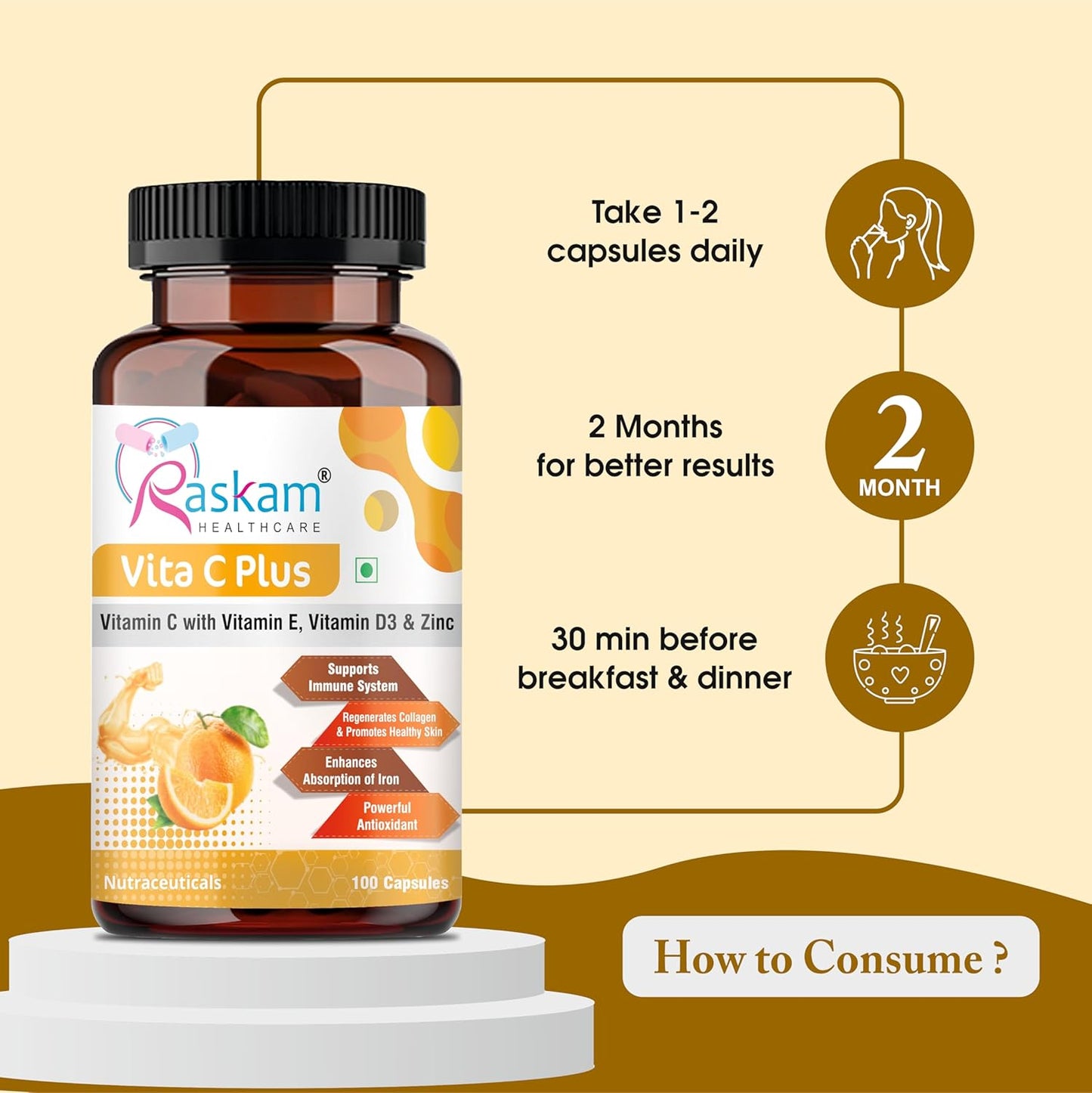 Raskam Vita C Plus supplement bottle with usage instructions on a beige background