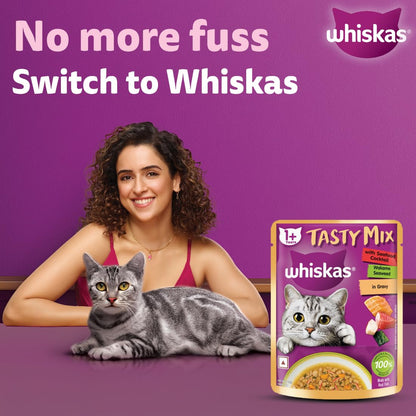 Whiskas Tasty Mix Adult (1+ year) Wet Cat Food, Seafood Cocktail Wakame Seaweed in Gravy, 70 g, Cat Food Made with Real Fish, Complete & Balanced Nutrition for Adult Cats