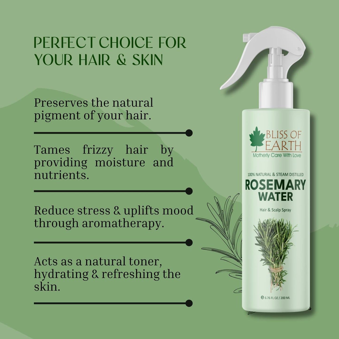Bliss of Earth Rosemary Water Spray For Hair Growth 200ml, 100% Natural Steam Distilled Rosemary Water For Hair & Skin, Helps Reduce Hair fall, Strengthens Hair.