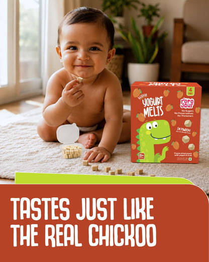 Rorosaur Baby Snacks – Chickoo Melts with Yogurt & Fruit & Veggie for 8+ Months | Finger Food for Toddlers | No Sugar, No Preservatives, No Binders | 4-Pack (5g Each)