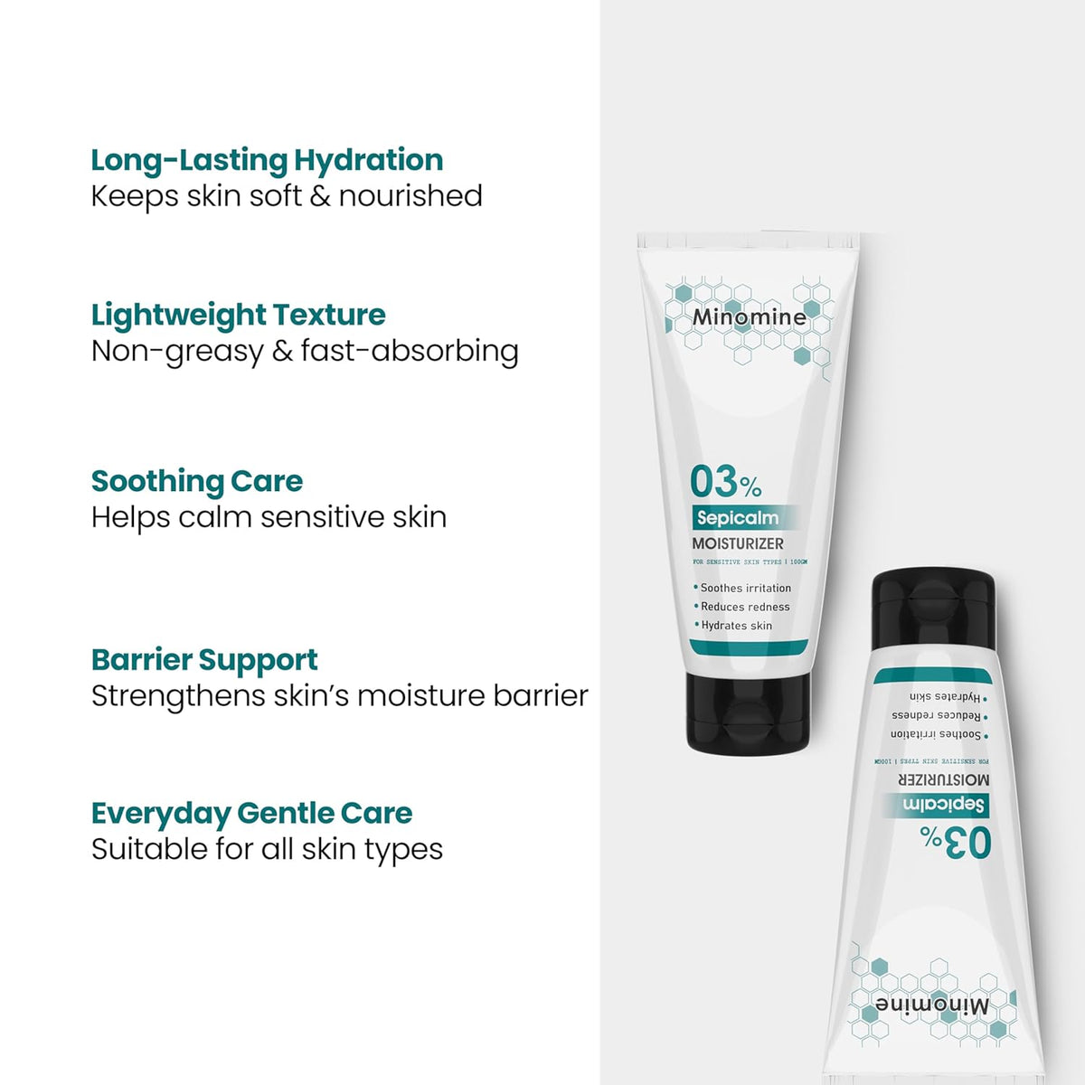 Two tubes of Mimomine skincare product with text highlighting features on a white background