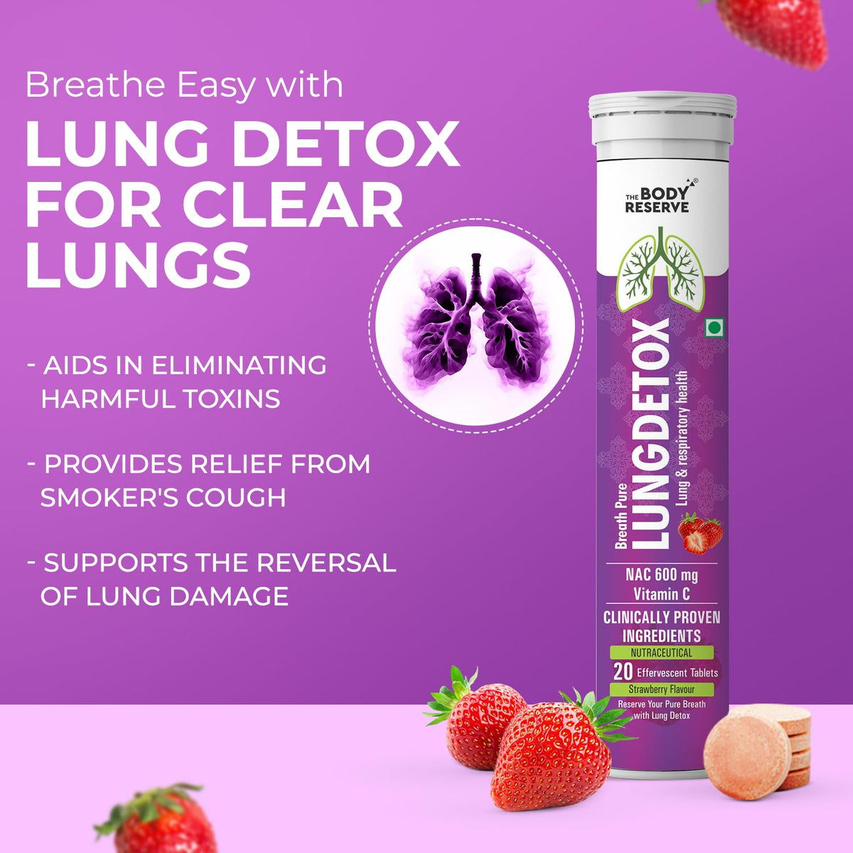 Lung detox product with strawberries on a purple background
