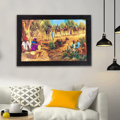 Wood Village Scene Art Framed Painting| Ready To Hnag - (13.5 X 19.5 Inch, Multicolor)