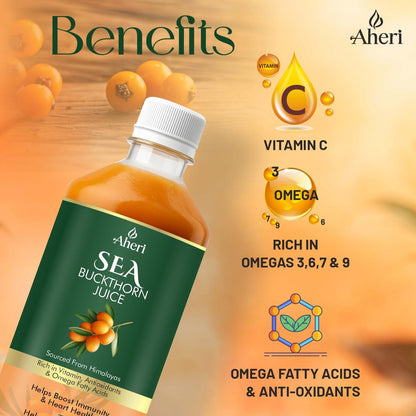 Aheri Sea Buckthorn Juice bottle with health benefits displayed on a wooden background