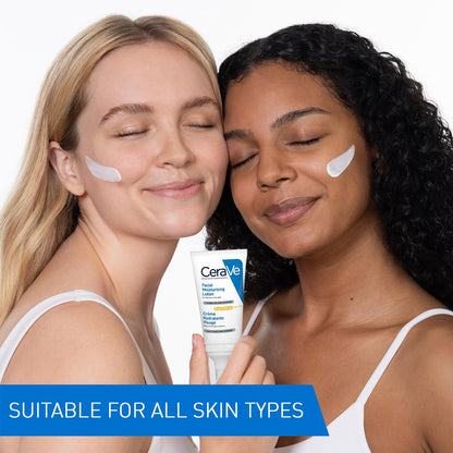 Two women with CeraVe cream on their faces, suitable for all skin types.