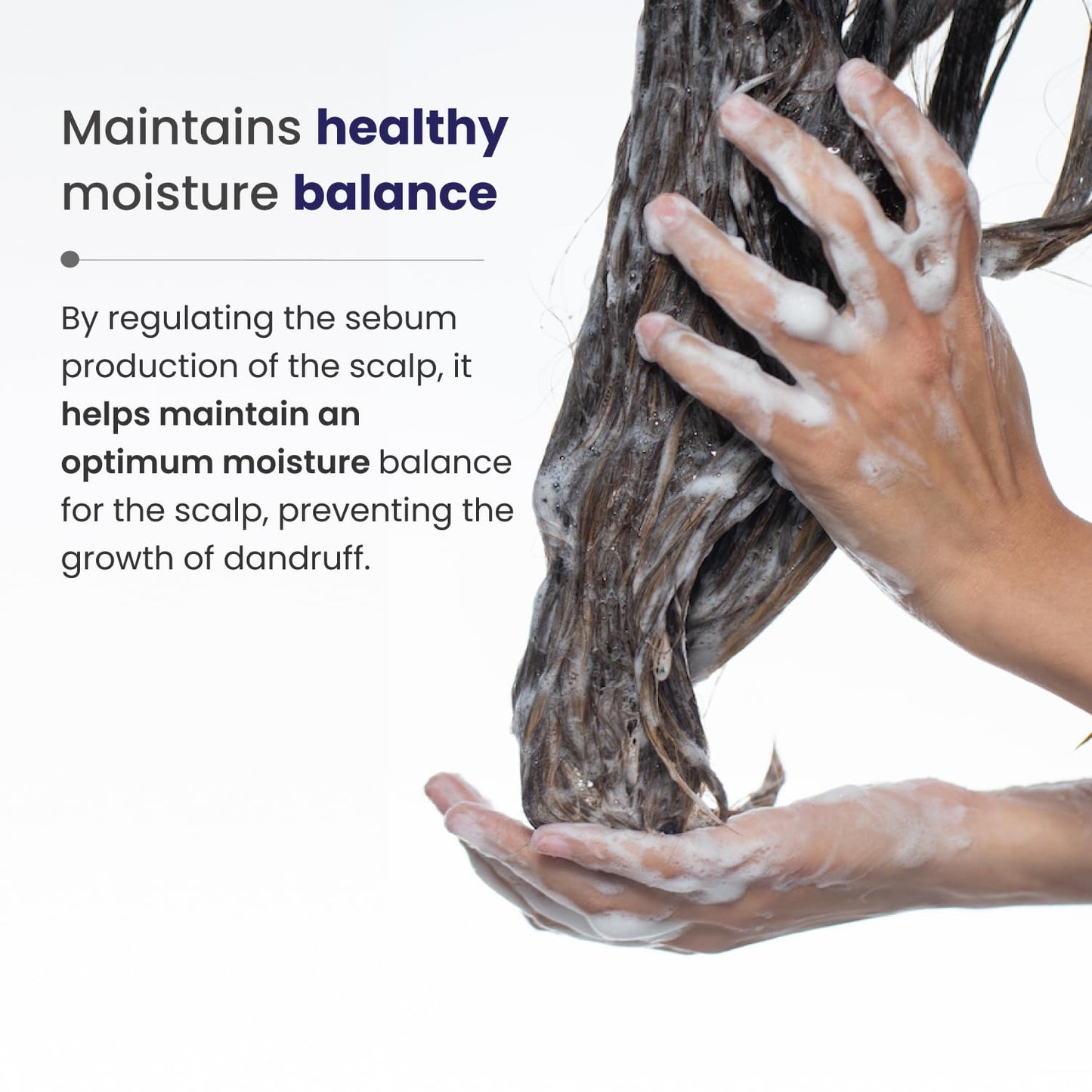 Person washing hair with text about maintaining healthy moisture balance on a white background