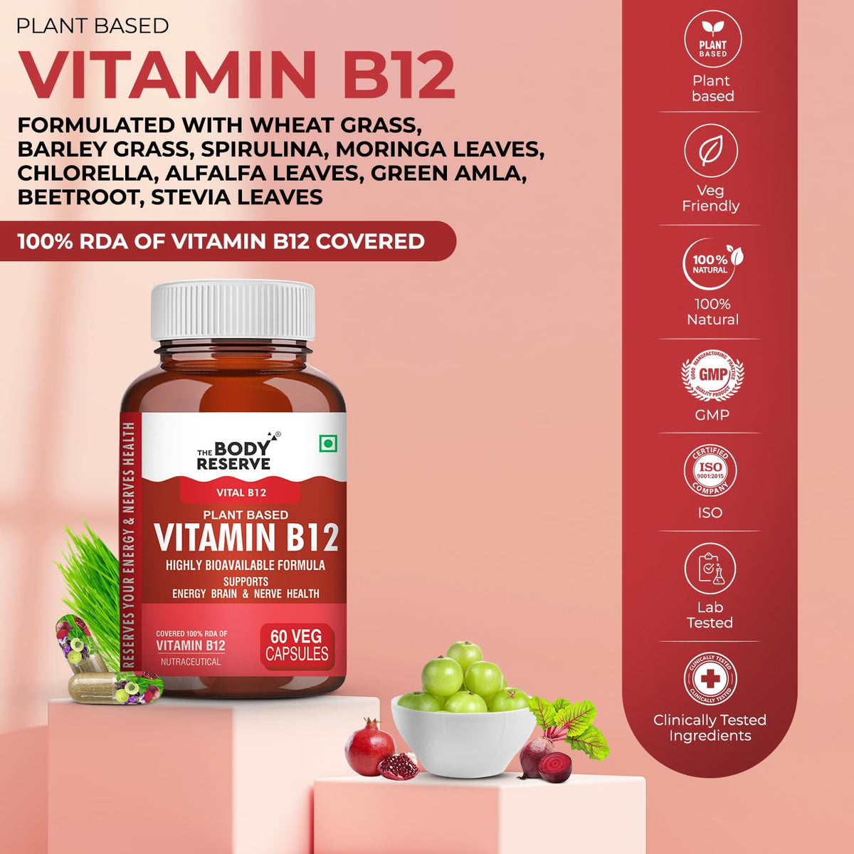 Body Reserve Vitamin B12 supplement bottle with ingredients listed on a pink background