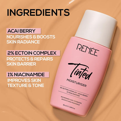 RENEE Tinted Moisturiser - Sunkissed Sand| Hydrates, Boosts Radiance, Repairs Barrier & Brightens Skin | With Niacinamide, Acai Berry & Ectoin | 50 ml