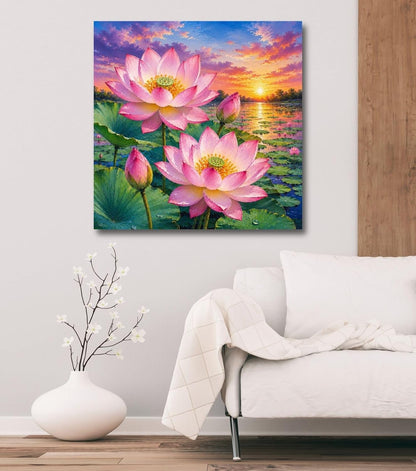 Lotus Flower Painting for Wall Vastu (15+ DESIGNS) Framed Lotus Canvas Painting for Living Room, Bedroom | Nature Floral Wall Art with Multiple Design Variations (Pink Lotus, 18x18 Inch, Framed)