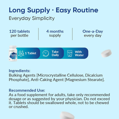 Supplement packaging with text on tablets, supply duration, and usage instructions.
