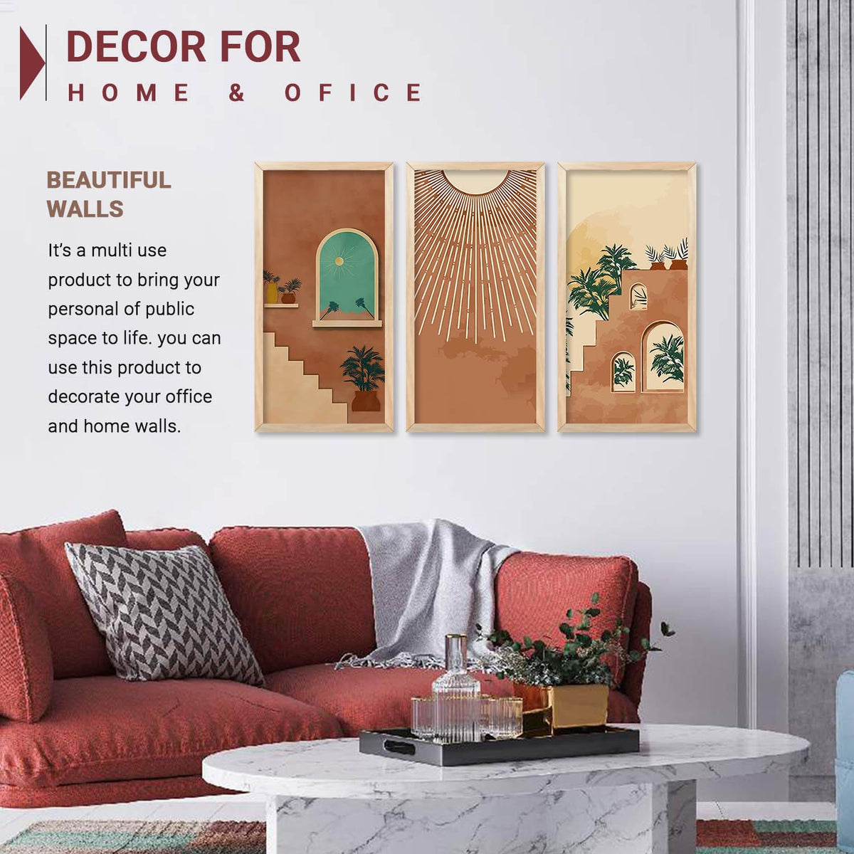 Boho Decorative Modern Wall Art Print With Frame Abstract Paintings For Living Room Bed Room Hotel Wall Decor Digital Reprint Engineered Wood Set of 3 (Art 4, 10x19 inch)