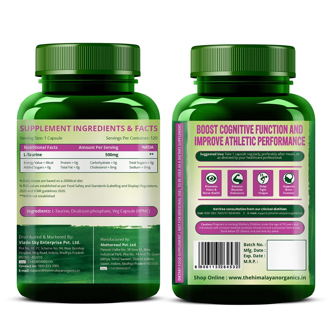 Vlado's Himalayan Organics L-Taurine 500mg | Amino Acid Supplement for Athletic Performance | Support Muscle Recovery | Improve Performance | Promotes Vision & Nerve Health - 120 Veg Capsules