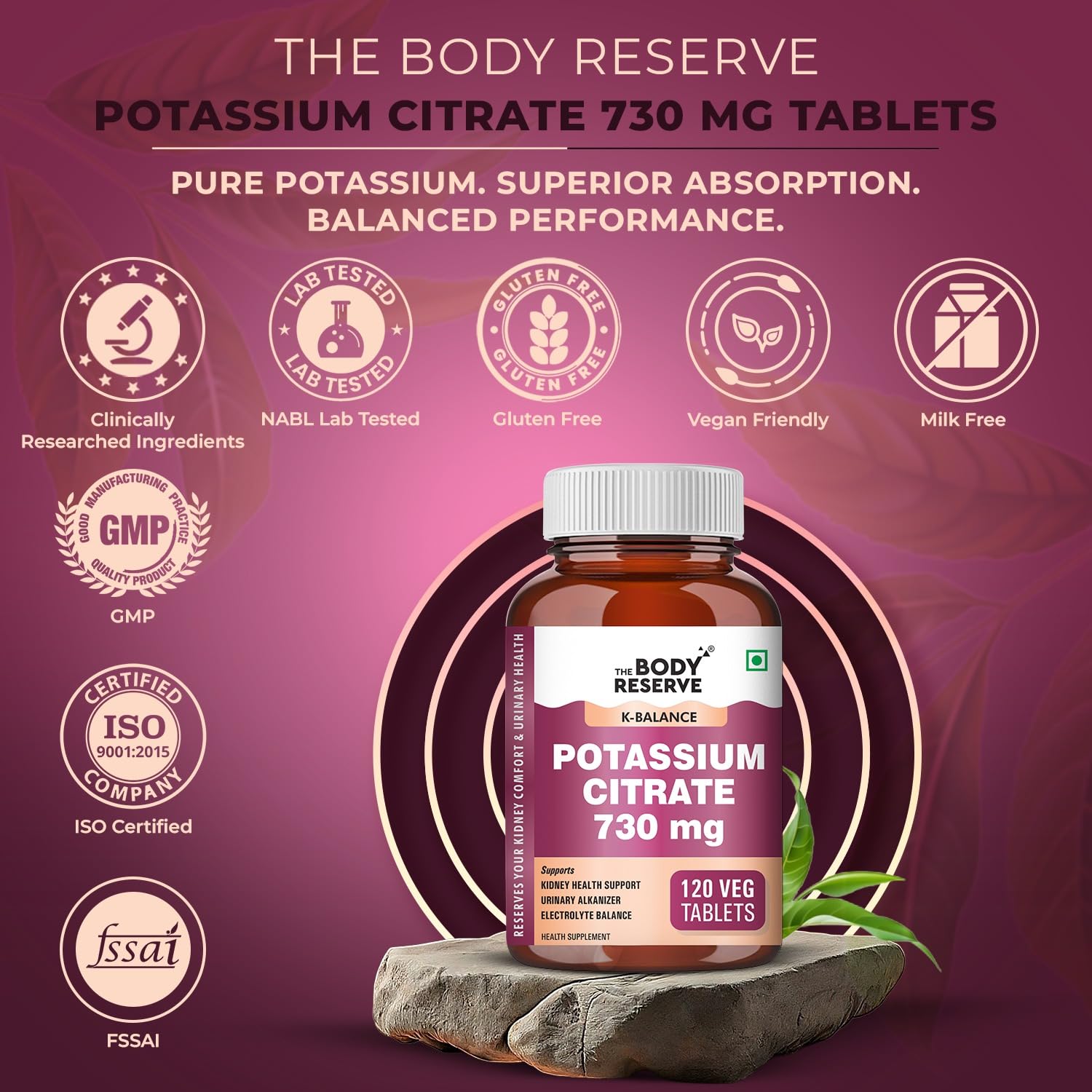 Body Reserve Potassium Citrate 730 mg tablets bottle on a purple background with certification logos.