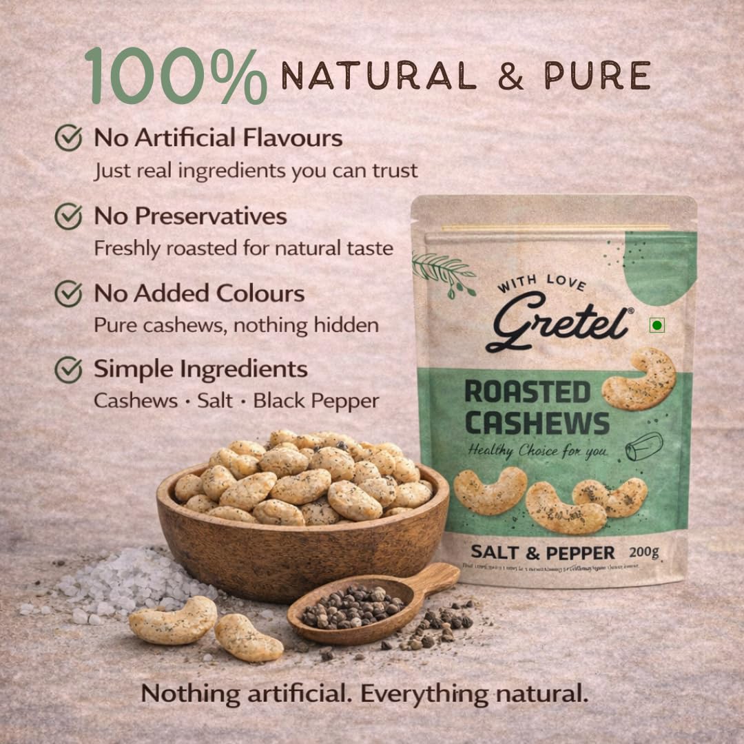 Gretel Salt & Pepper Roasted Cashews 200 gm | Crunchy Kaju Nuts | Rich in Protein & Antioxidants | Zero Cholesterol Dry Fruits | Vegetarian Healthy Snack | Brand of Singapore |
