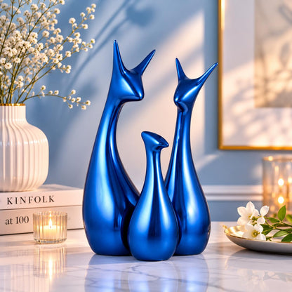 Muted Matte Metallic Blue Home Decor Lucky Deer Family Ceramic Figurine (Set of 3, Blue)