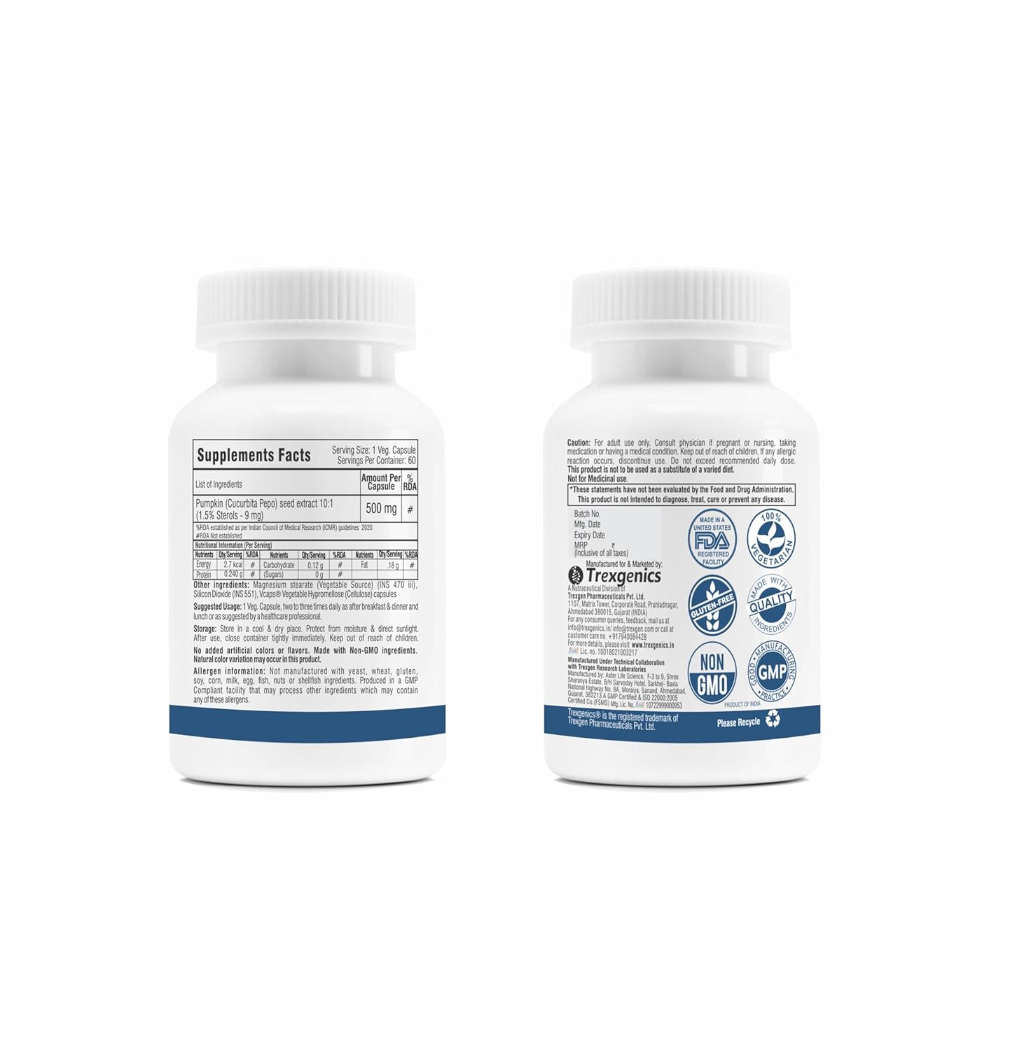 Trexgenics PUMPKIN SEED EXTRACT 500 mg Prostate, BPH, Urinary Tract Health Support (60 Veg Capsules) (Pack of 1)