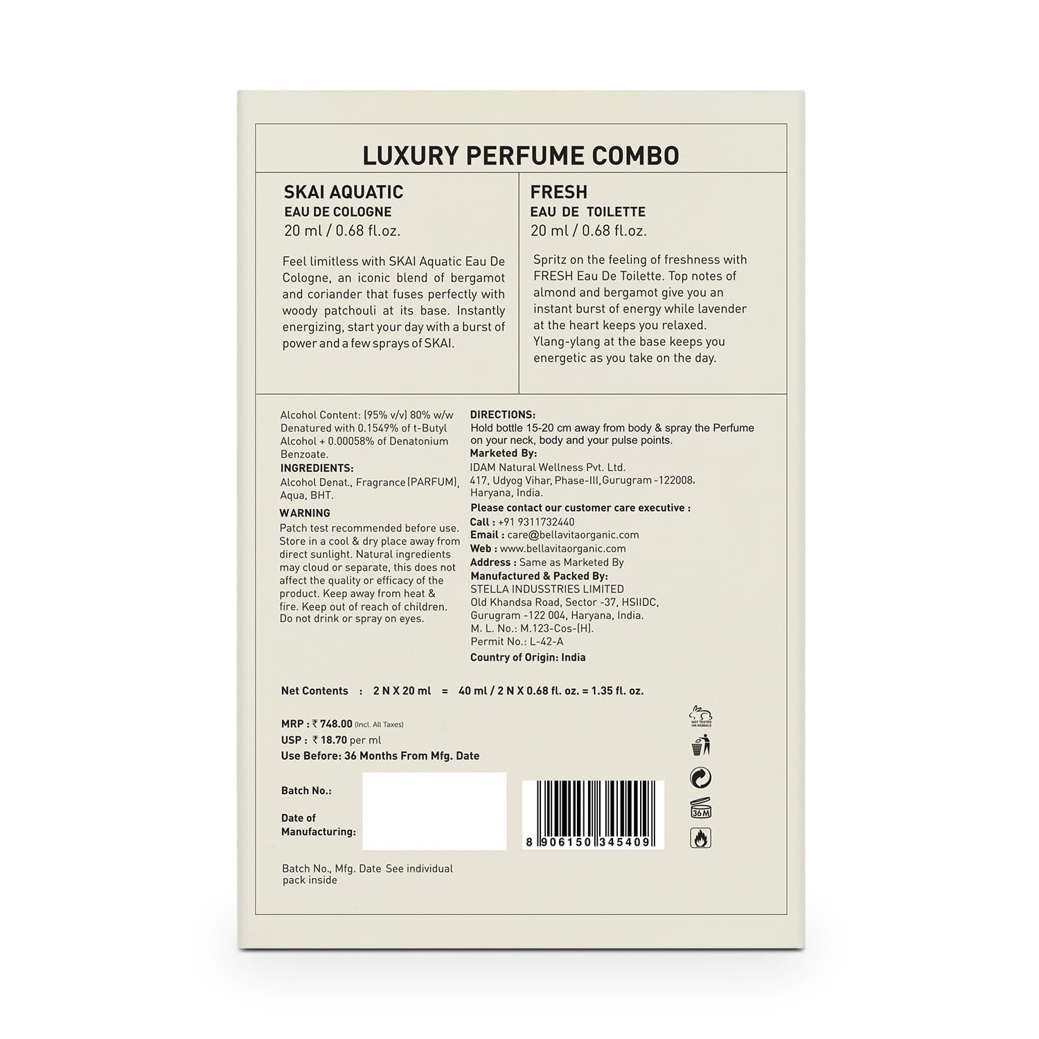 Back of a luxury perfume combo packaging with product details and branding.