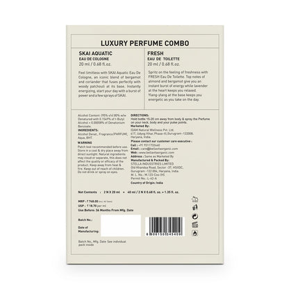 Back of a luxury perfume combo packaging with product details and branding.