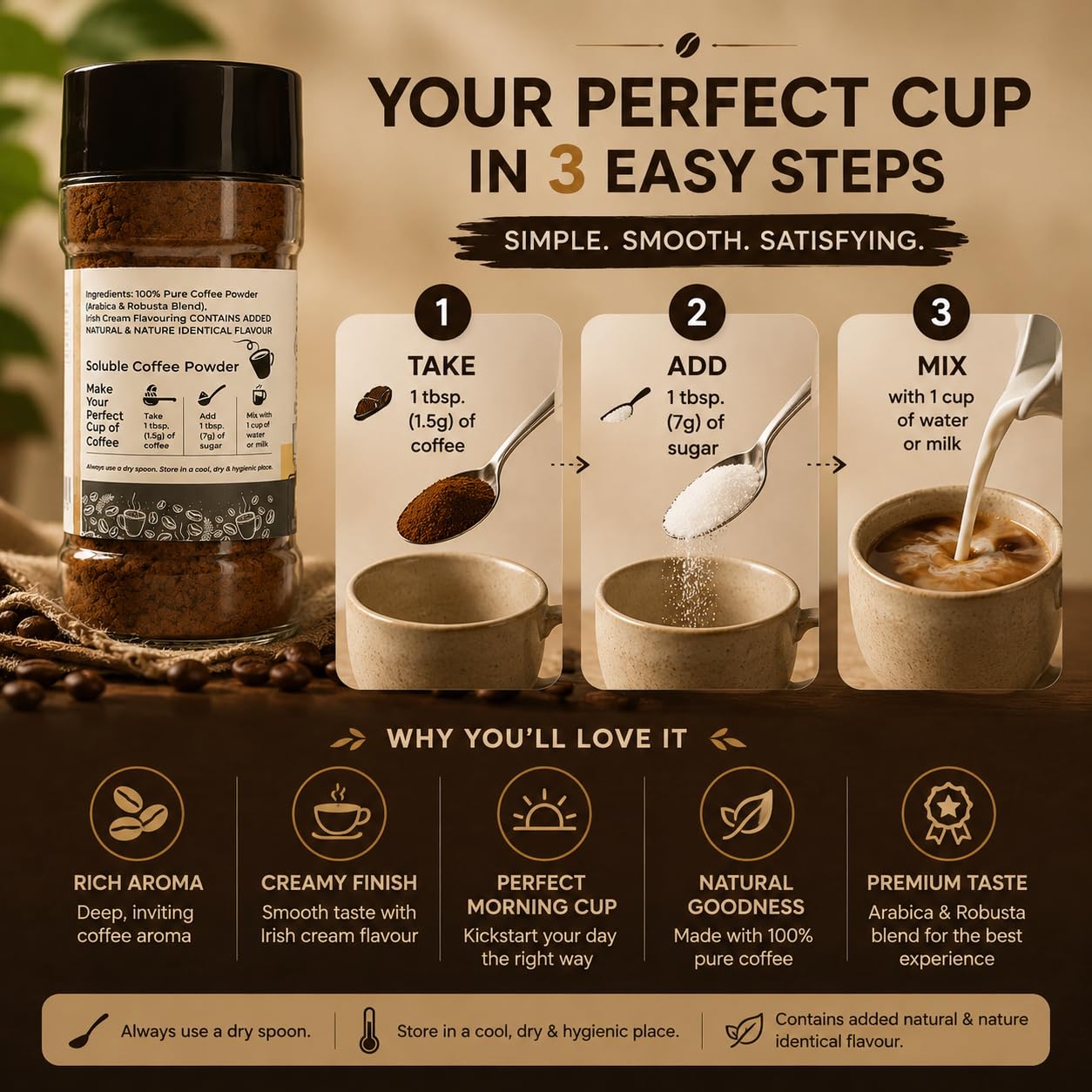 EVORA Greens 100gm Instant Coffee Powder | Irish Cream Flavour | Coffee with Arabica & Robusta Blend - Medium Roast | Make Café Style Hot or Cold Coffee, black Coffee, Cappuccino, Latte at Home | Make 50 Cups