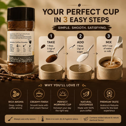 EVORA Greens 100gm Instant Coffee Powder | Irish Cream Flavour | Coffee with Arabica & Robusta Blend - Medium Roast | Make Café Style Hot or Cold Coffee, black Coffee, Cappuccino, Latte at Home | Make 50 Cups