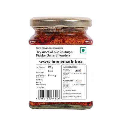 Homemade Love Mango Avakai Pickle (250 Gm) | South Indian Taste Mango Pickles | Aam ka Achar Perfect for Rice, Dosa, Idli, Chappati | Tangy and Spicy Home Made Mango Pickle | No Preservatives