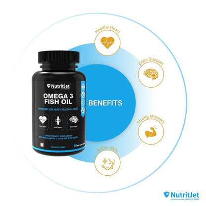 NutritJet Omega 3 Fish Oil 1000mg High Strength with 550 mg EPA and 350 mg DHA for Healthy Heart, Joint Care, Better Skin & Bones Health - 60 Softgels