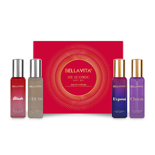 Bellavita perfume gift set with four bottles and a red box on a white background