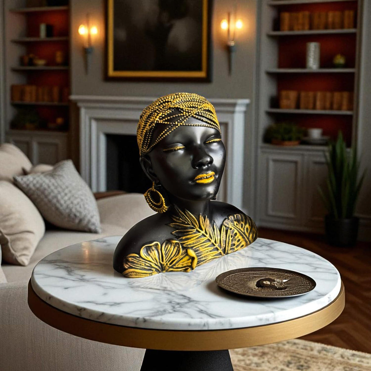 Black & Gold Tribal Leaf Lady Bust 19cm Polyresin African Woman Figurine | Elegant Table-Top Decorative Showpiece for Living-Room Office Desk Shelf & Gift Collectible Decorative Showpiece