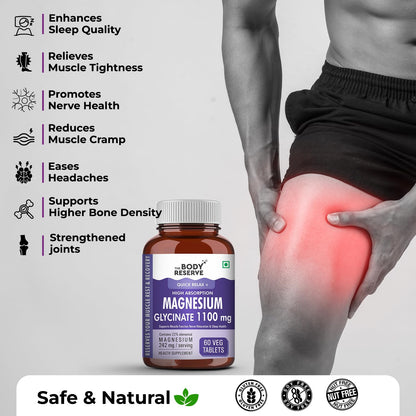 Body Reserve Magnesium Glycinate supplement bottle with a person holding their knee, indicating pain relief.