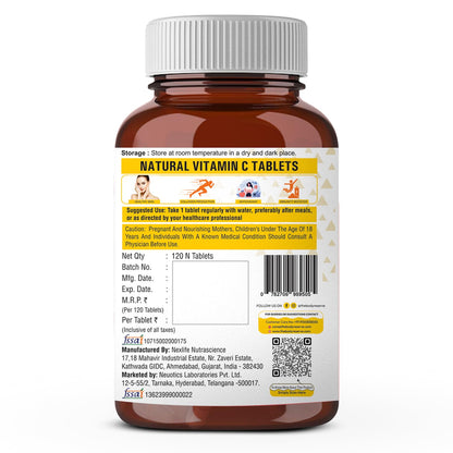 Brown bottle of Natural Vitamin C Tablets with label on a white background