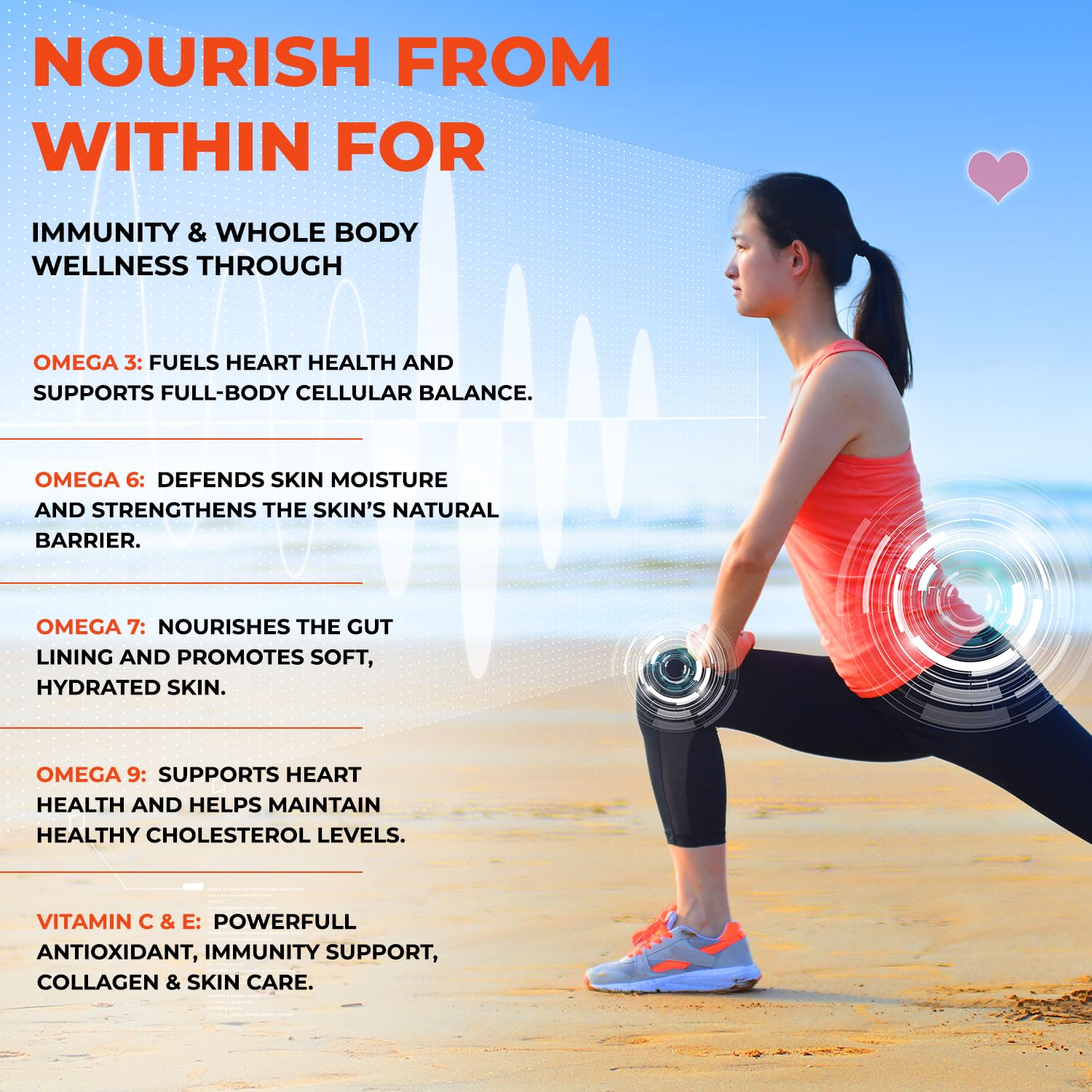 Woman exercising on a beach with wellness benefits text overlay