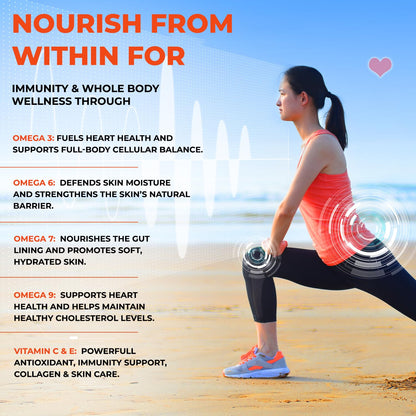 Woman exercising on a beach with wellness benefits text overlay