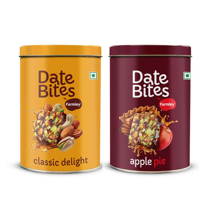 Farmley Classic Date Bites & Apple Pie Date Bites Tin Jar 200g X 2 I Dates Barfi Made with Dates, Pista, Cashews, Almonds, Honey and Pure Ghee I Dry Fruits Nuts